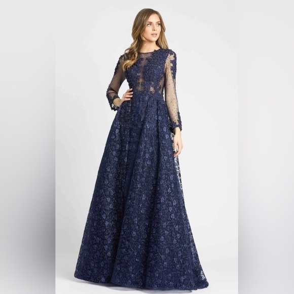 NWT $798 Mac Duggal Sheer Bodice Embroidered Illusion Maxi Dress Gown Navy Sz 16 - Picture 3 of 17